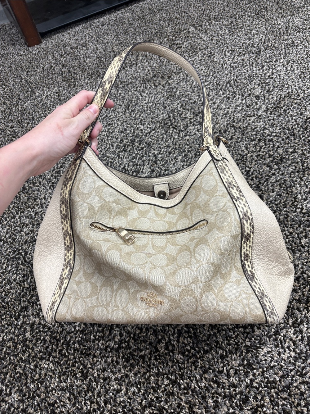 Coach Cream Signature Canvas Shoulder Bag with Snake-Print Trim